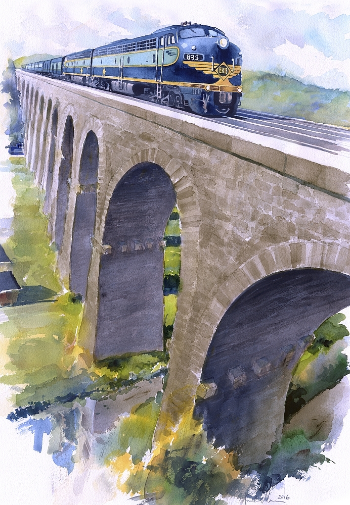 Erie Railroad #833 Streamliner High on Starrucca Viaduct, PA. Rail Art Notecards
