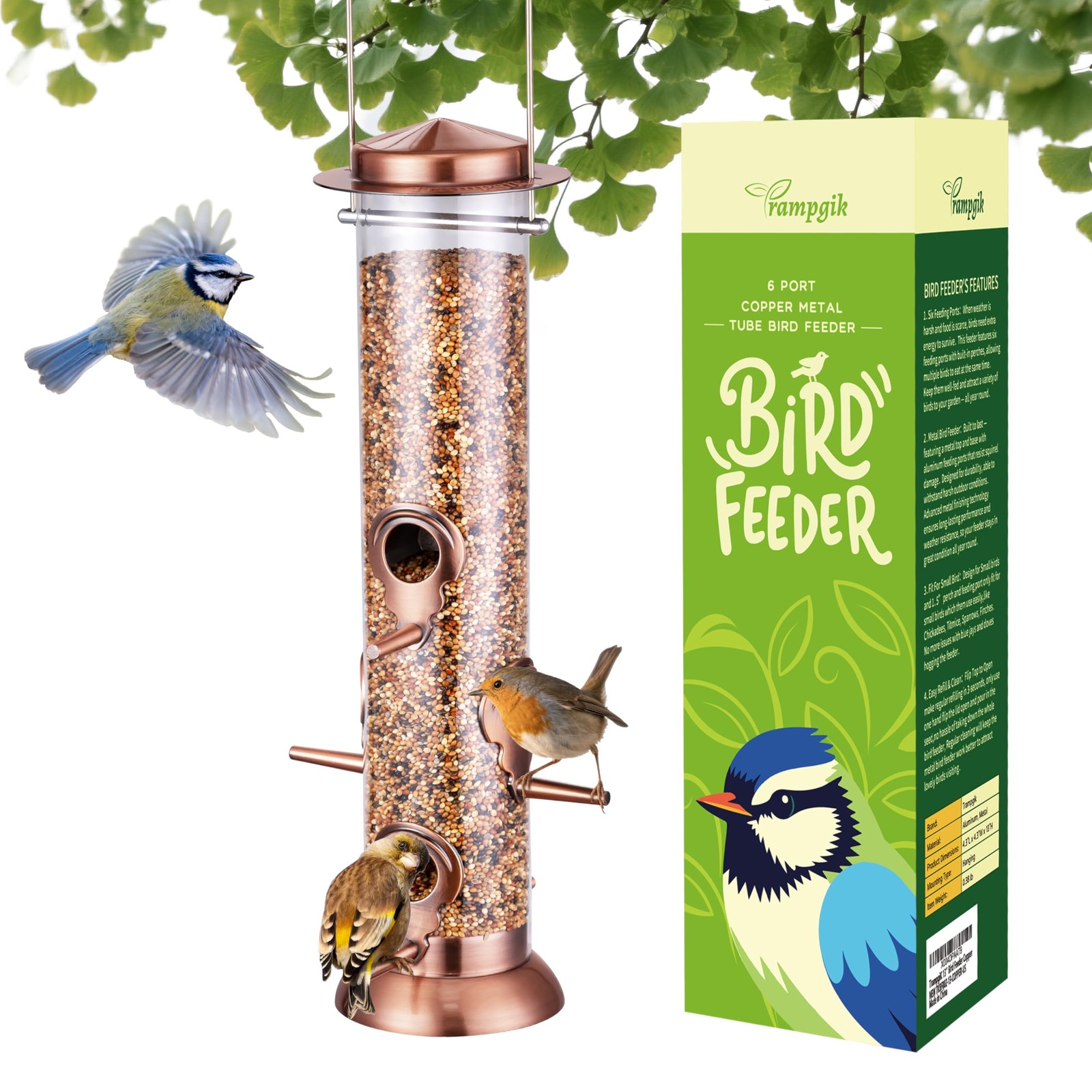 TrampgiK Bird Feeders for Metal 15inch,1 Pack, Copper 13inch Metal, Pack 1
