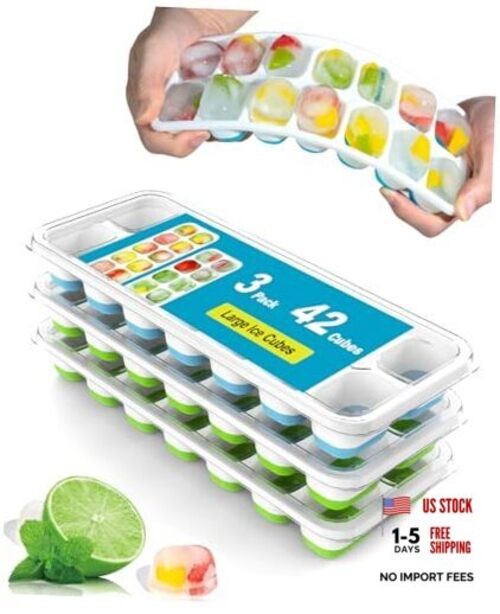 Ice Cube Trays with Lid for Freezer, Flexible Silicone Bottom 3 Pack Green&Blue