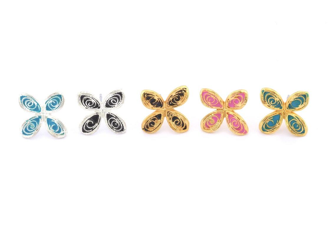 1 pair Flower blossom earring post stud wire base Enamel filled-Gold-Silver 4367