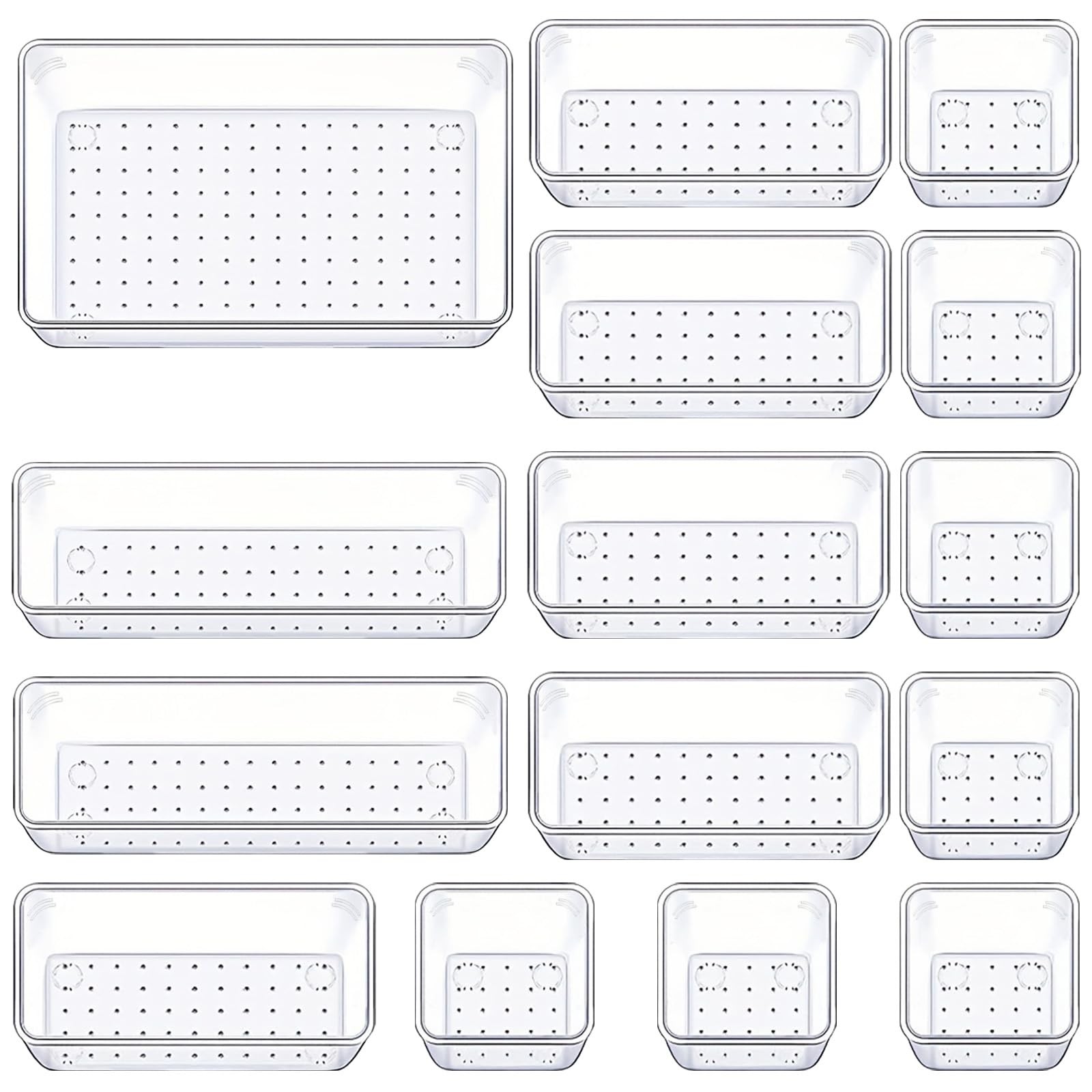 Clear Plastic Drawer Organizers Set of 15, 4 Sizes for Kitchen & Office