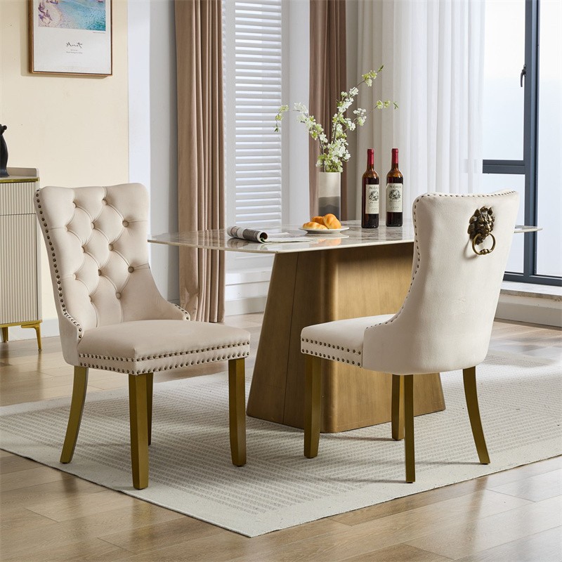 2PCS Mid-Century Modern Upholstered Dining Chairs Lion Head Pull Ring w/Gold Leg