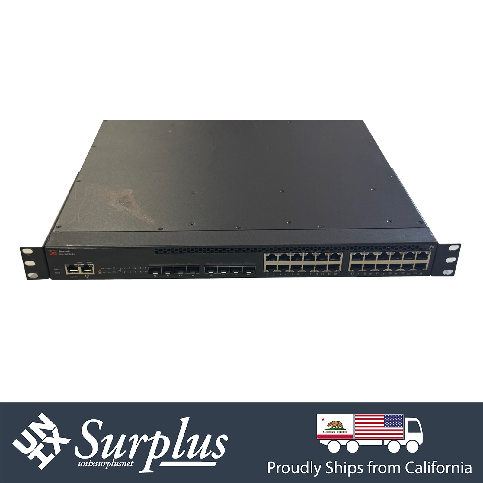 24 Port Gigabit RJ45 Brocade Ethernet Switch 2x PSU F2B w/ Ears | 8x 10GB SFP+