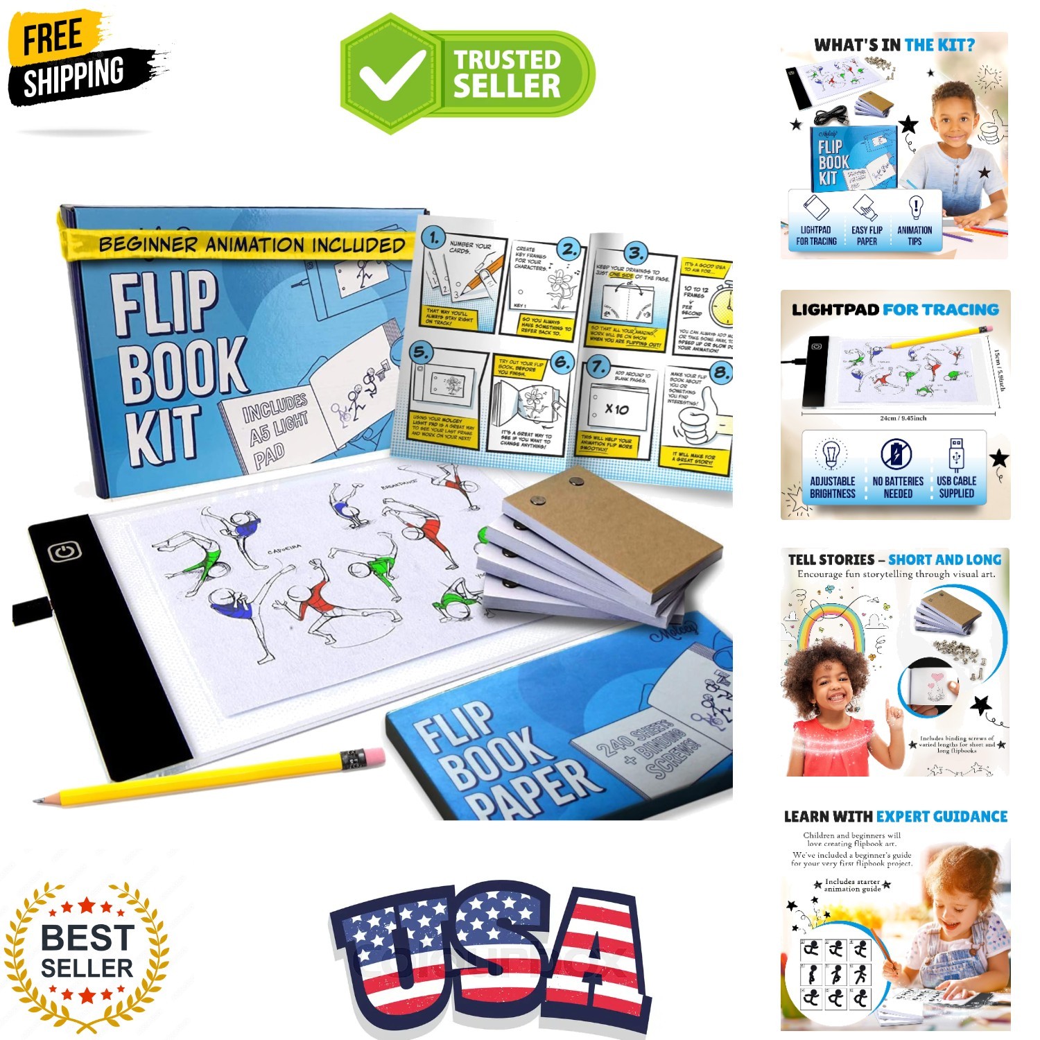 Flip Book Kit with LED Light Pad. Includes 240 Sheets Flip Book Paper with Sc...