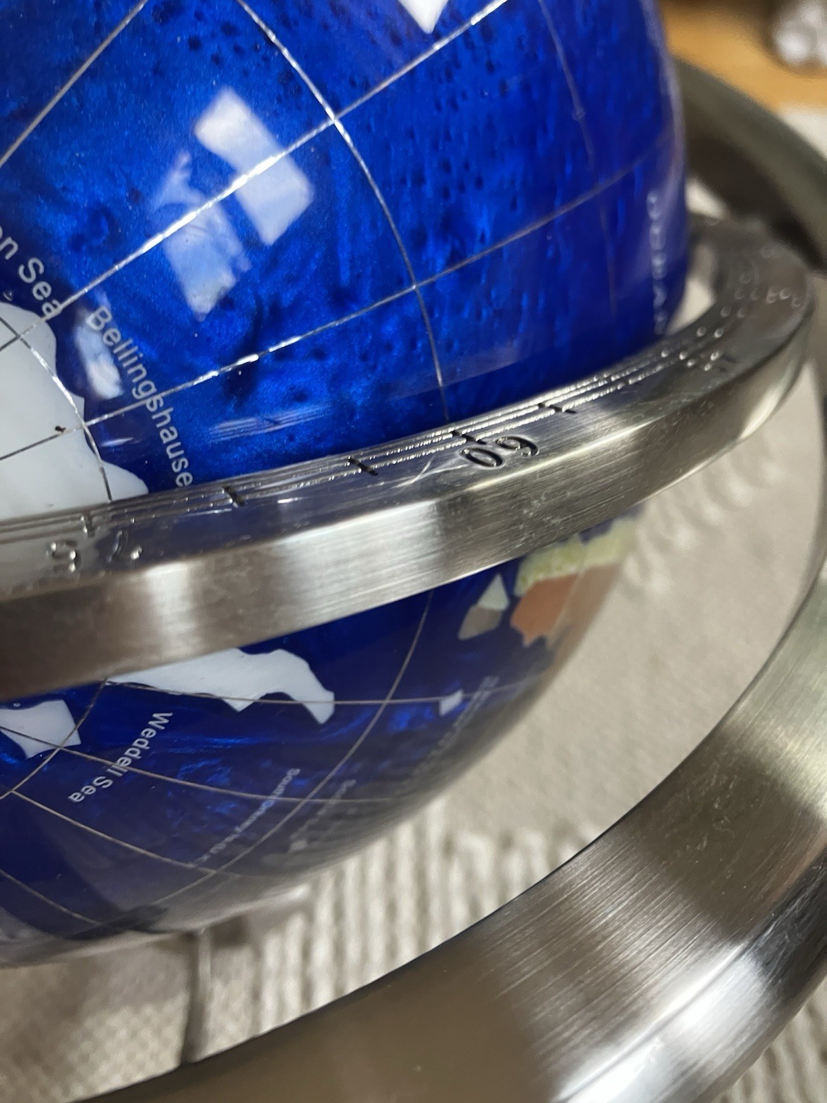 Blue Gemstone Tabletop World Globe w/ Rotating Silver Metal Base Compass