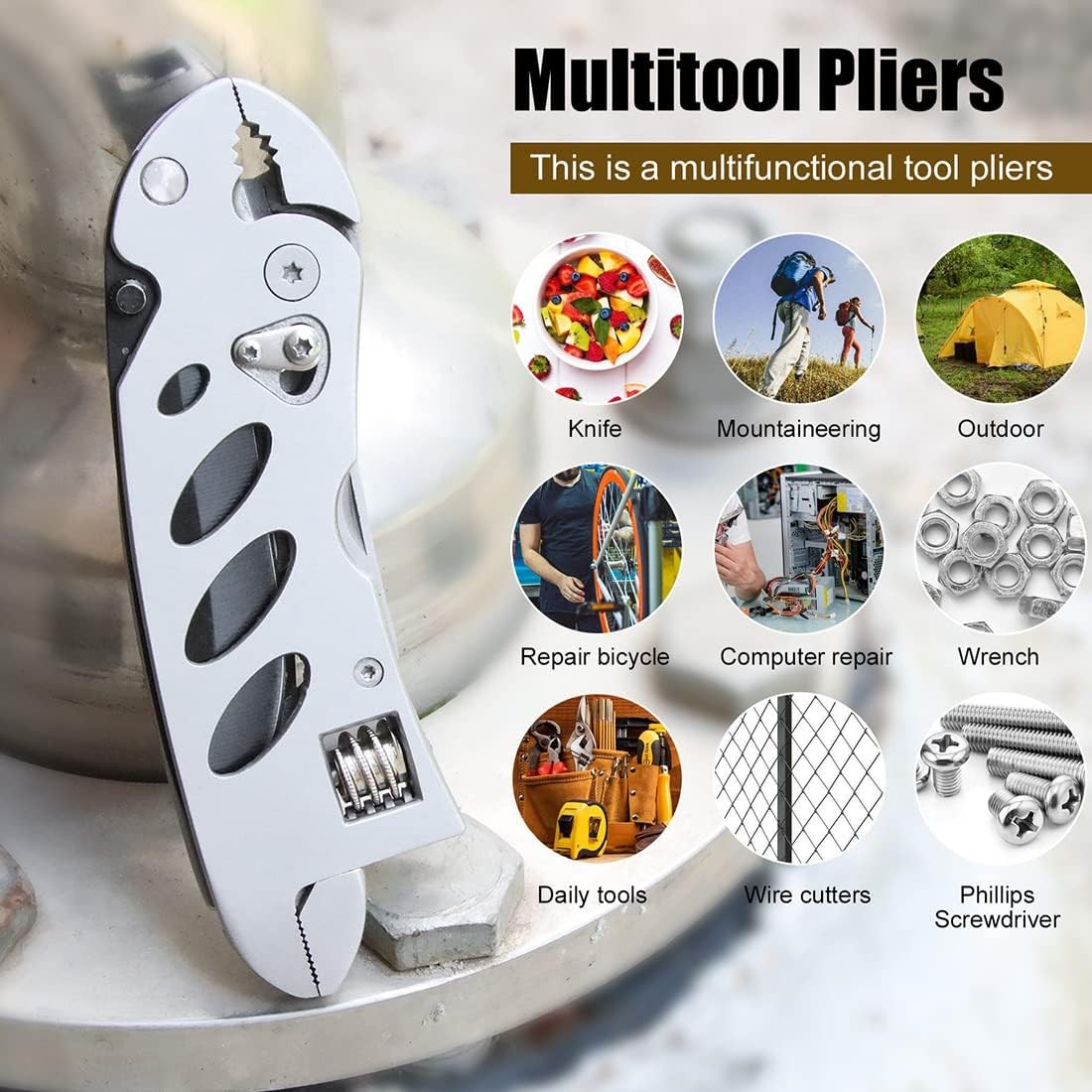 Multitool Wrench With 7 Tools/Pliers/Wire Cutter/Flat Silver
