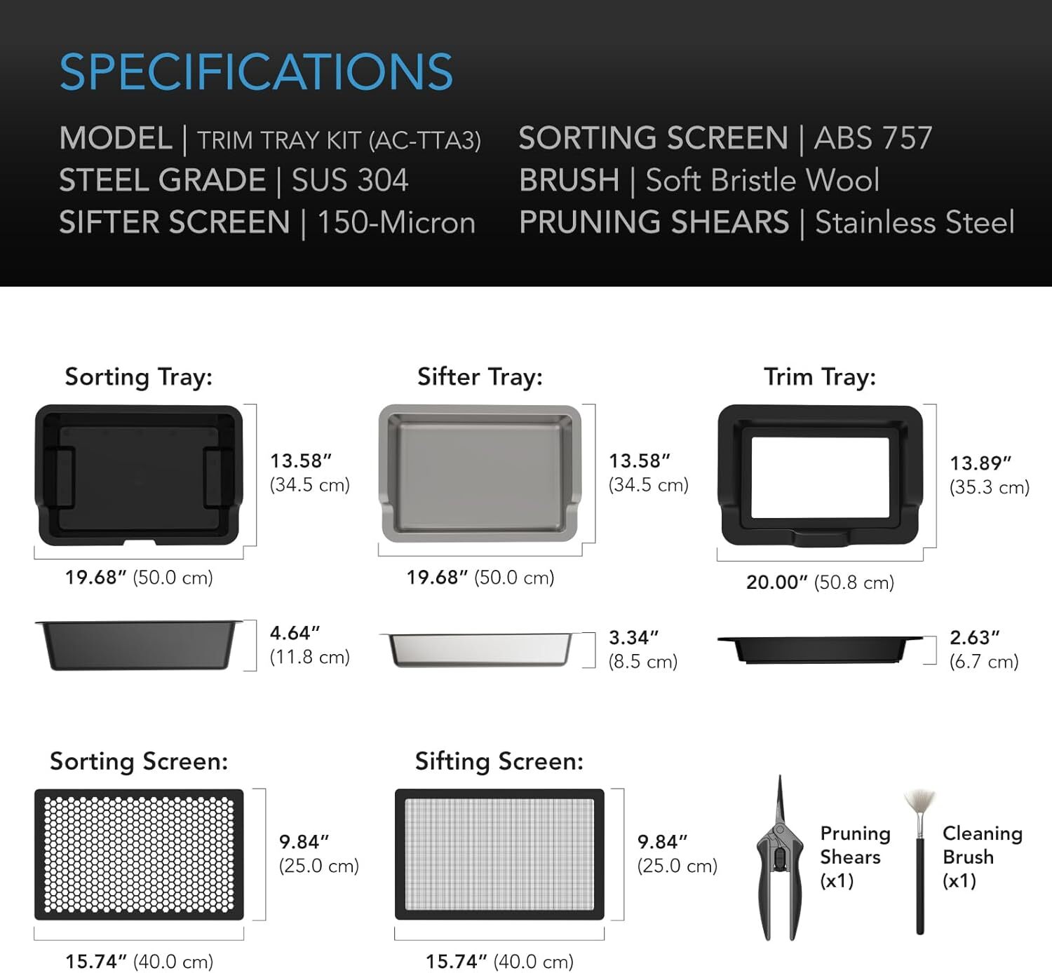 AC Infinity Large Trim Tray System 20-Inch,Interchangeable 3-Tray & 2-Screen Kit