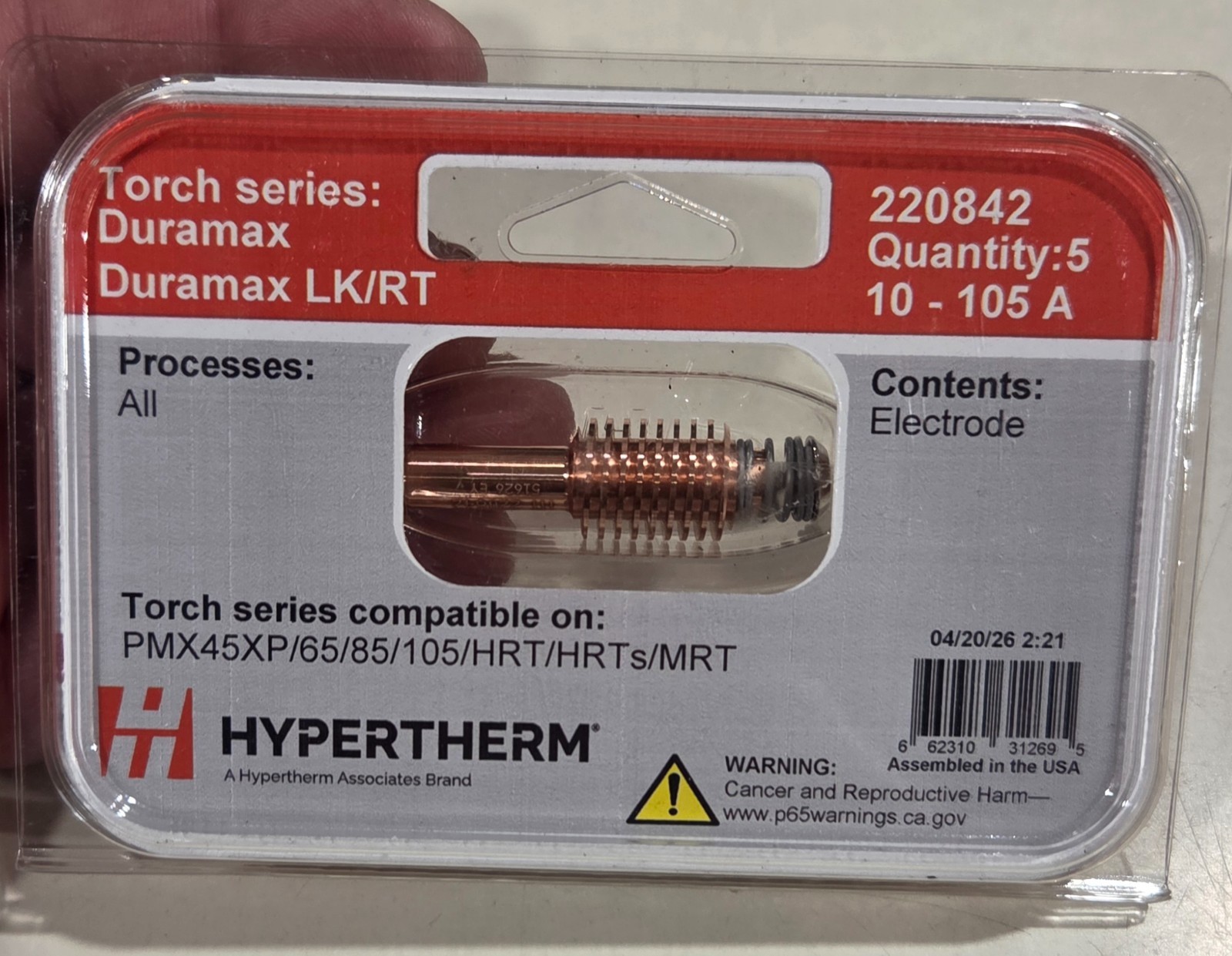 5 Pack Genuine Hypertherm 220842 Duramax LK/RT Electrodes 10-105A