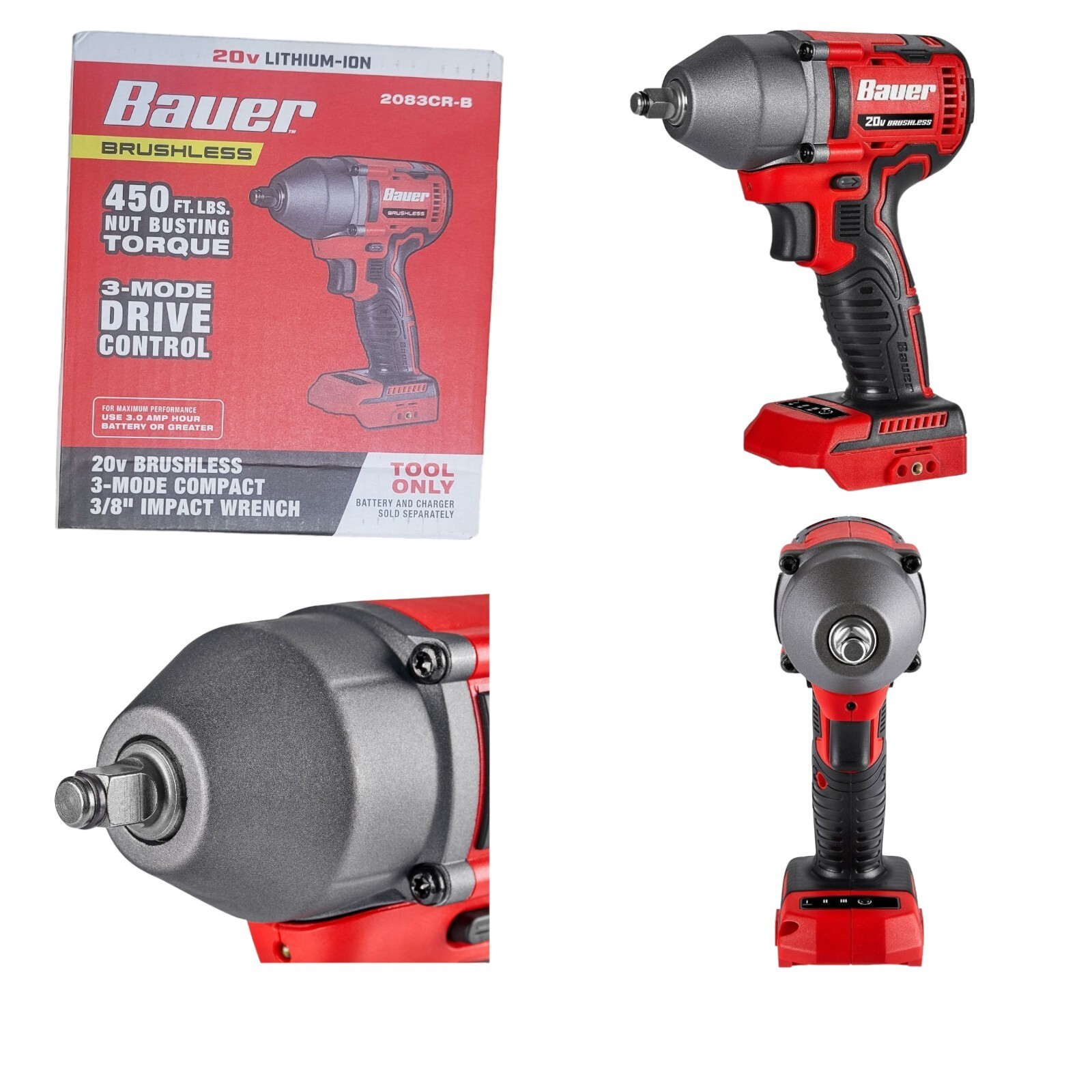 BAUER 20V Brushless Cordless 3/8 in. 3-Speed Impact Wrench, Tool Only