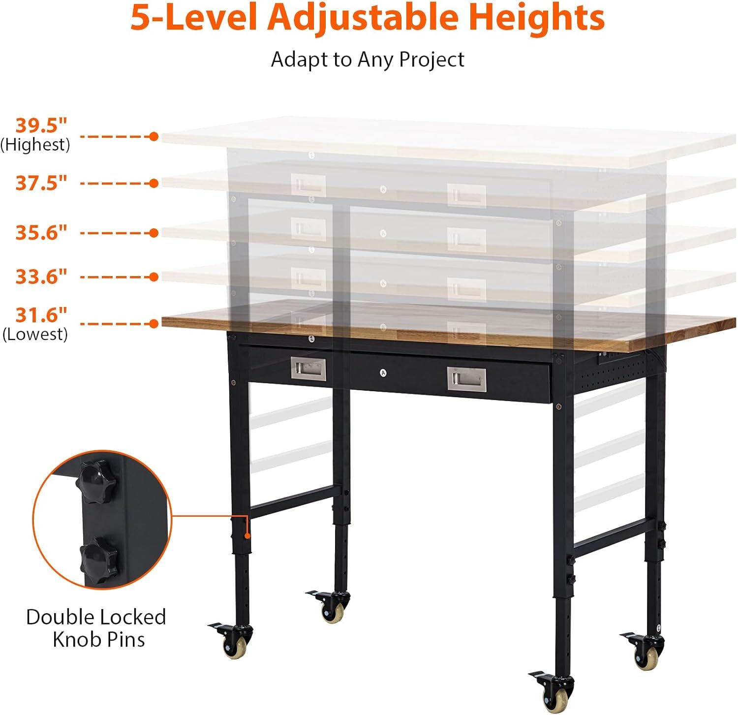 60" Adjustable Workbench with Drawer Storage, Adjustable Height Worktable Wood