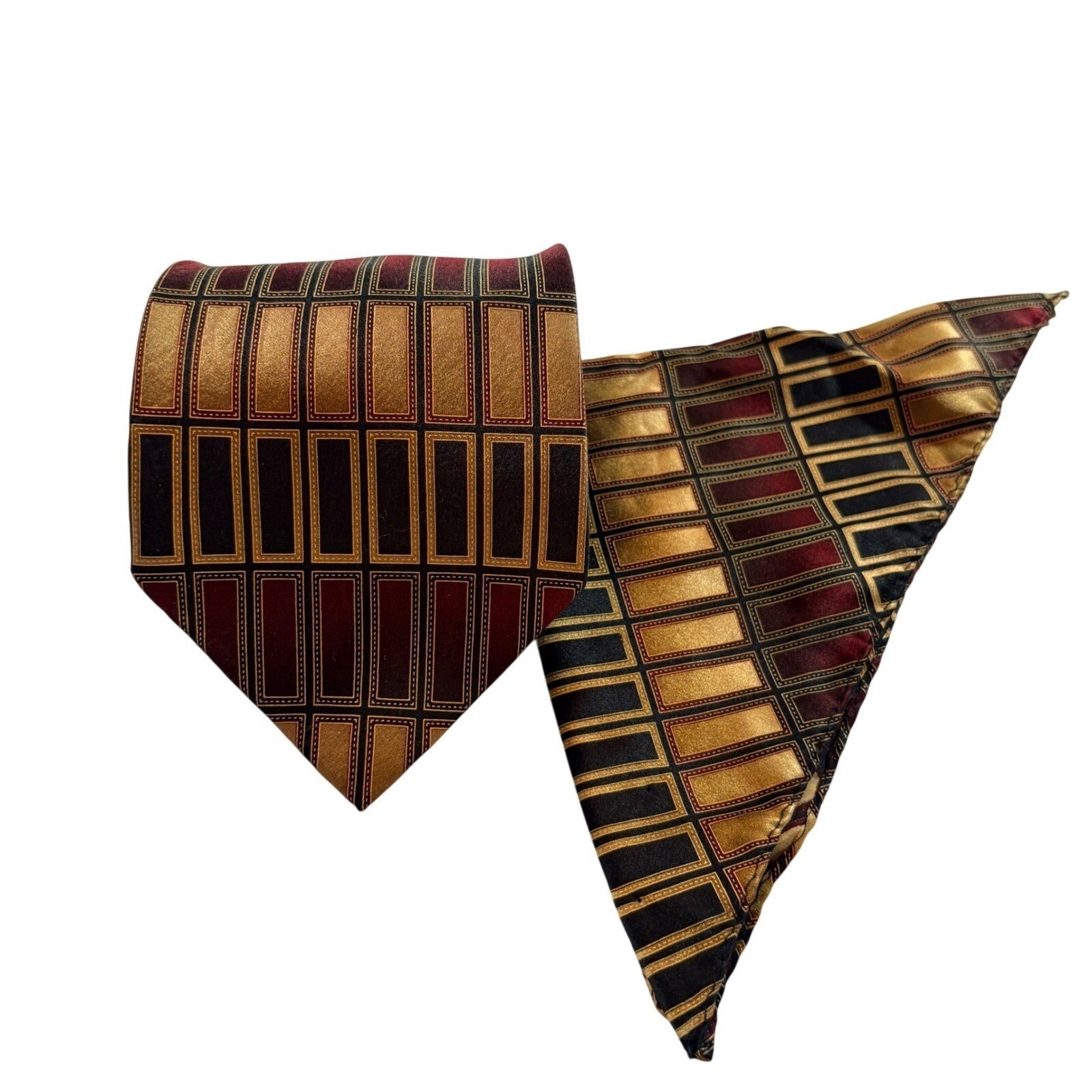 Giorgio Brutini Silk Tie & Pocket Square Set Mens Gold Burgundy Geometric Formal