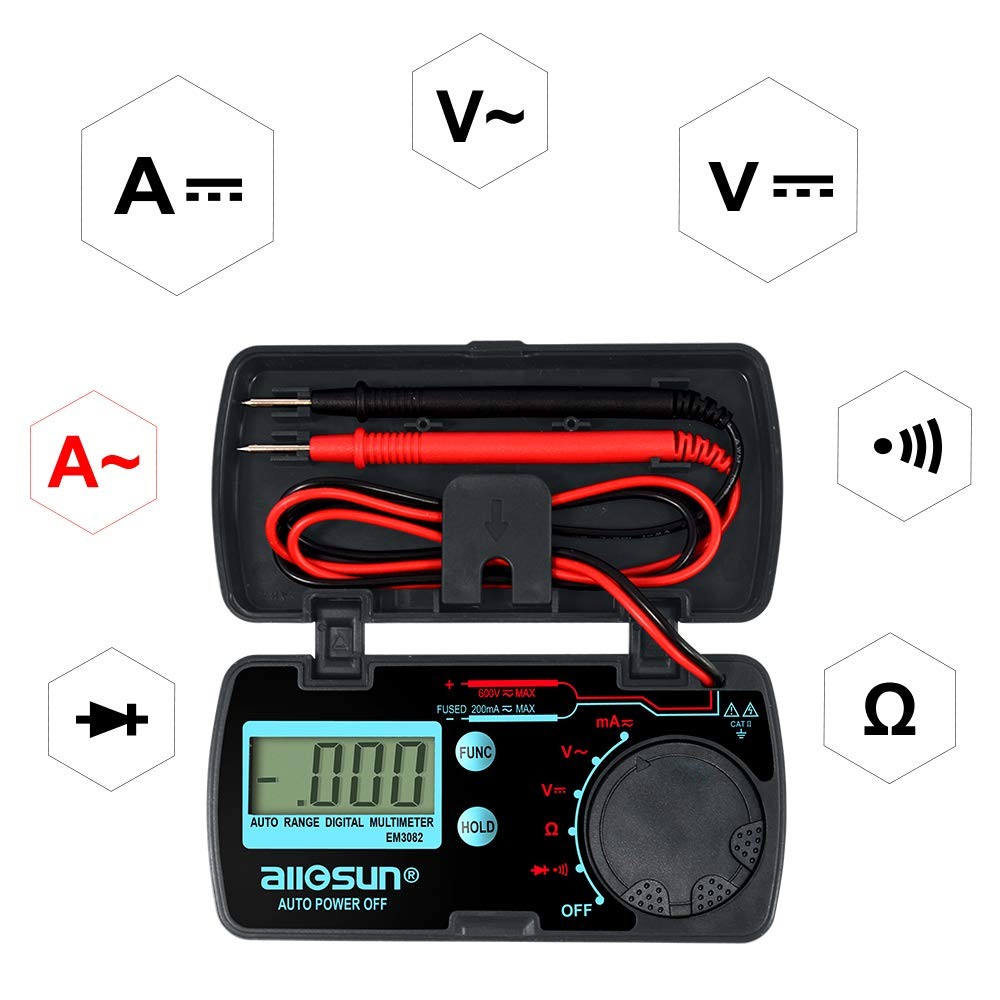 allsun Mini Auto Range Folding Digital Multimeter Compact, Red and Black