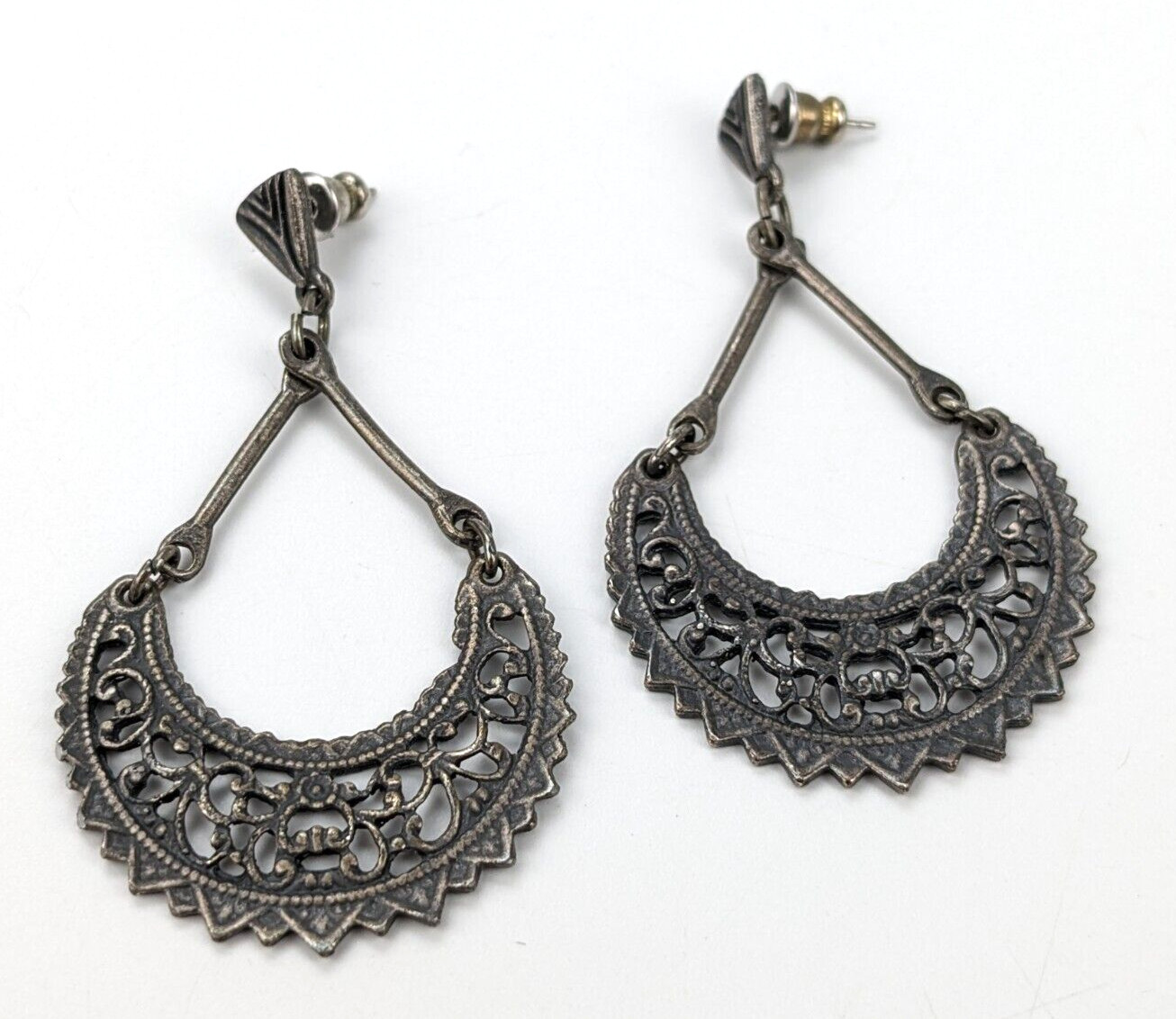 Vintage Openwork Pewter Tone Dangle Drop Pierced Earrings 2.5" Boho