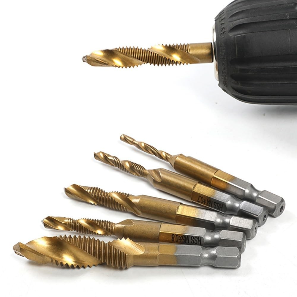 6 PCS Combination Drill and Tap Set, Professional HSS Titanium Thread Tap Dri...