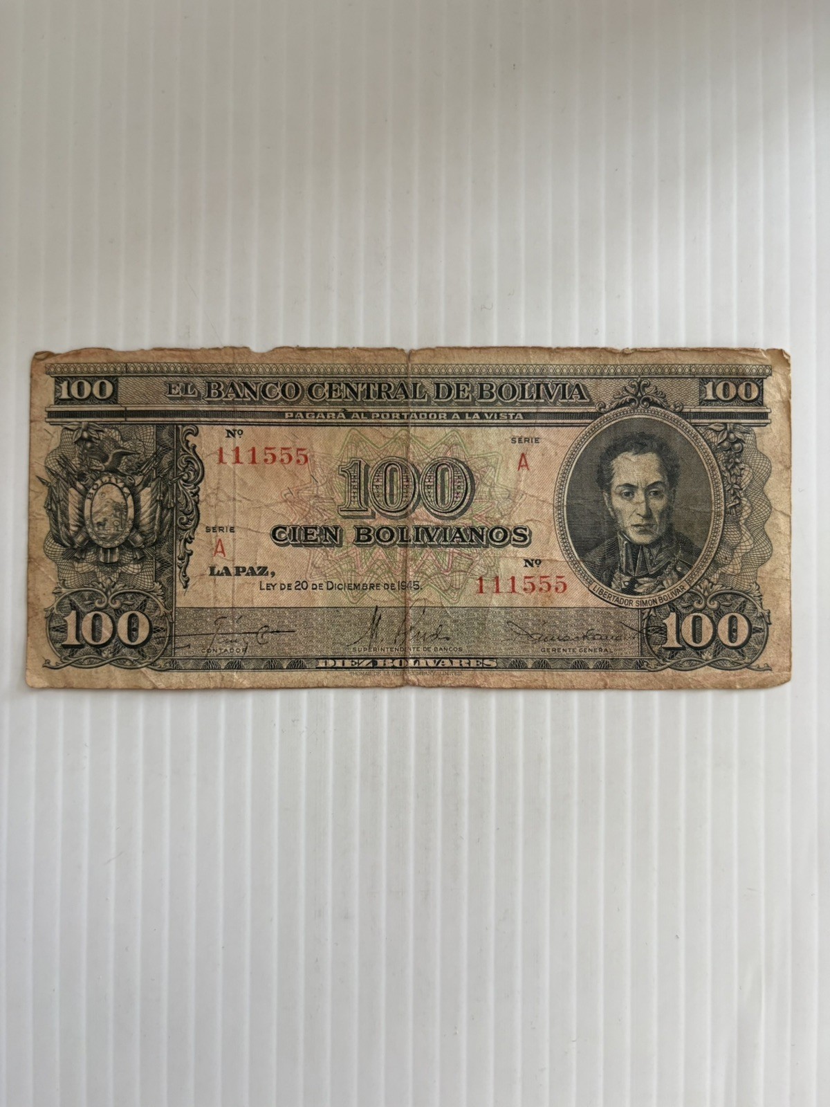 Bolivia 100 Bolivianos 1945 Unique Serial Number 111555 Binary