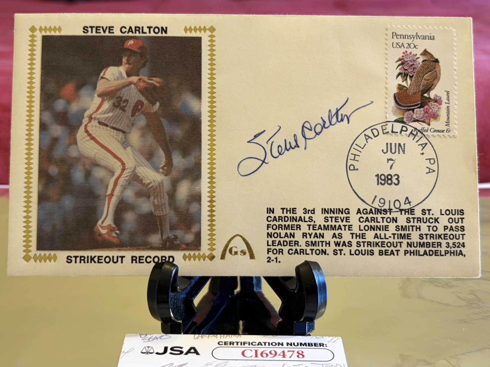 STEVE CARLTON AUTOGRAPH 1983 GATEWAY FDC CACHET ALL-TIME STRIKEOUT LEADER JSA