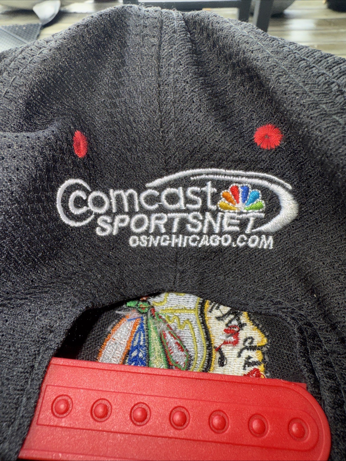 Chicago Blackhawks Brave Logo on Black w Red Hat Cap Comcast Sportnet SnapBack