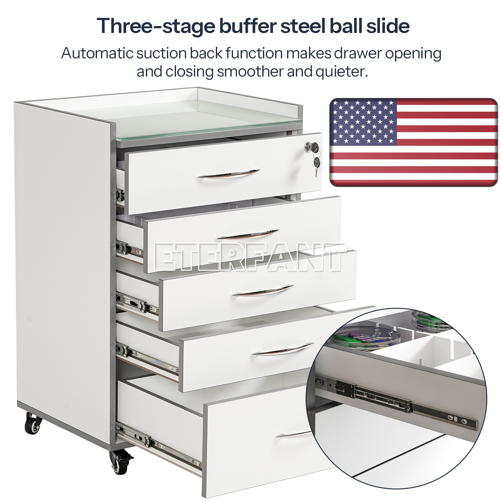 5Drawers Dental Cabinet Rolling Trolley Wooden Cart with Tempered Glass Tabletop