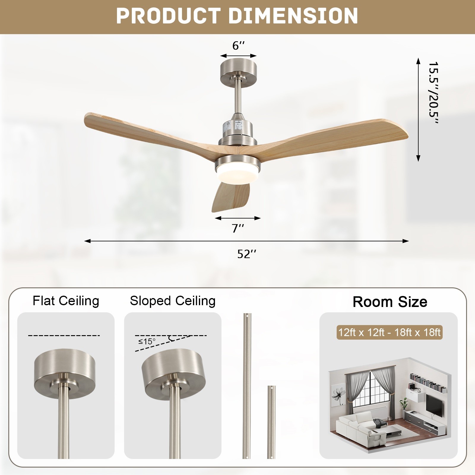 52'' Smart Wood Ceiling Fan w/ Stepless Dimmable LED Work with APP Google/Alexa