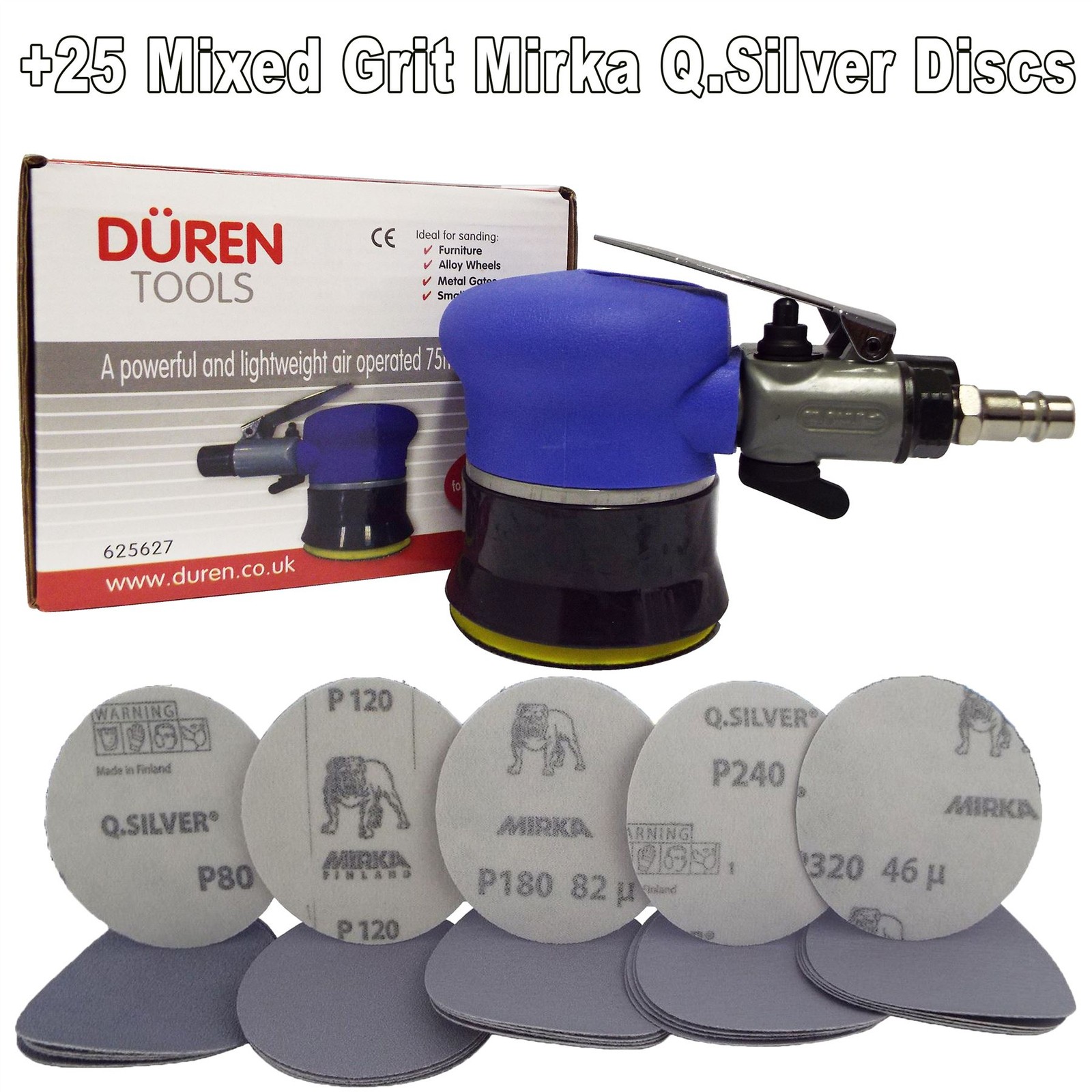 75mm Mini Palm Air Sander 3" +25 Mix Sanding Discs Car Body & Alloy Wheel Repair