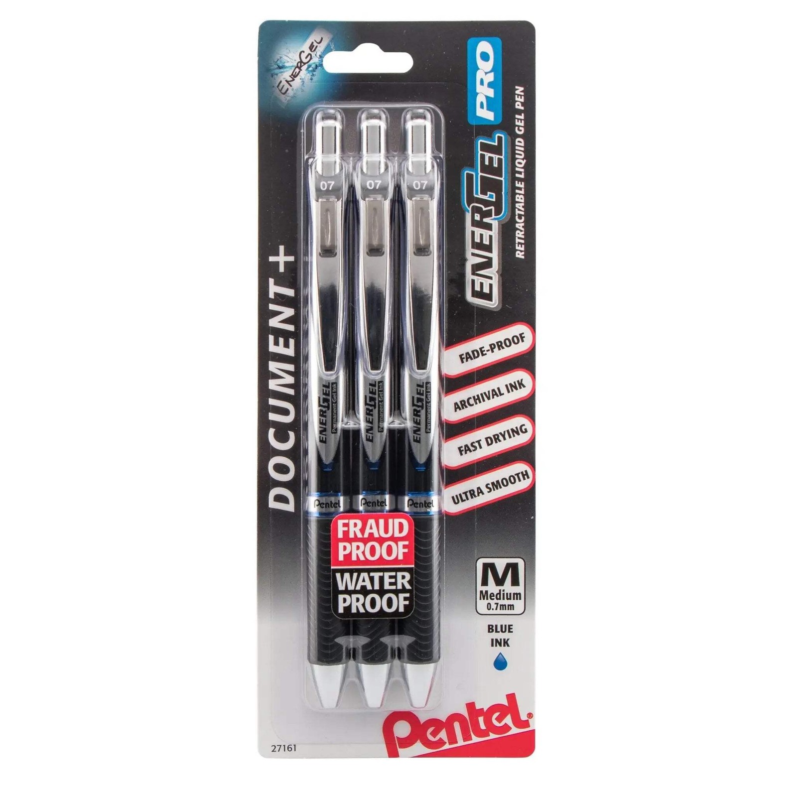 Pentel EnerGel PRO Permanent Gel Pen, (0.7mm) Medium Line, Blue Ink, 3-Pk