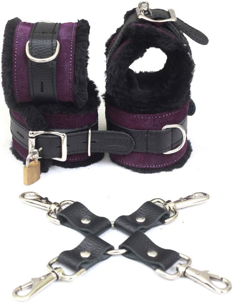 Purple Cowhide Suede Leather Wrist & Ankle Cuffs Set with Fur Lining & Foam Padd
