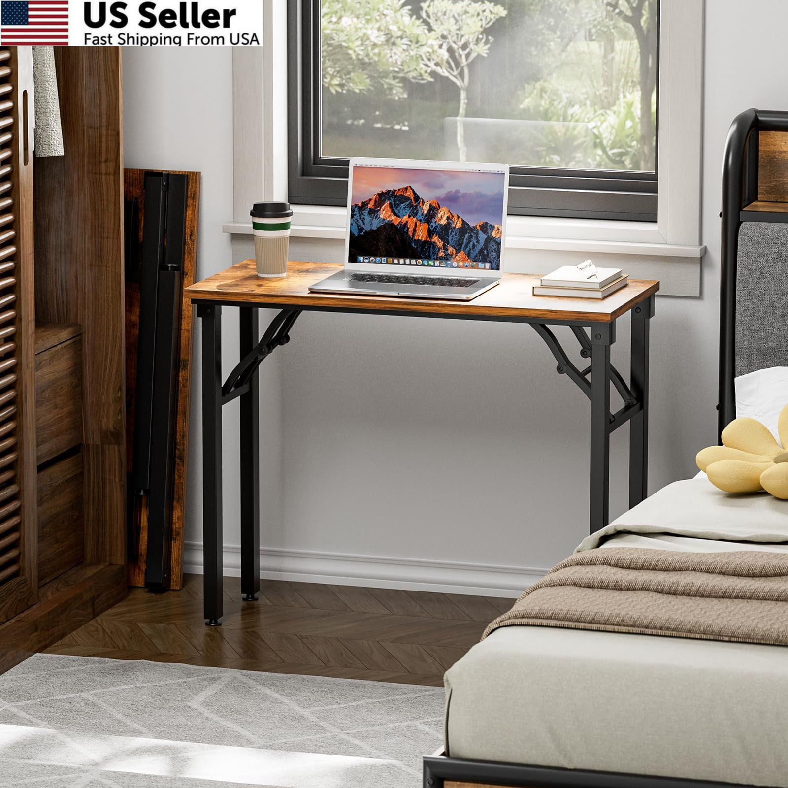 TEMI Small Computer Desk Folding Table - 35.8" 35.8 Inch, Rustic Brown