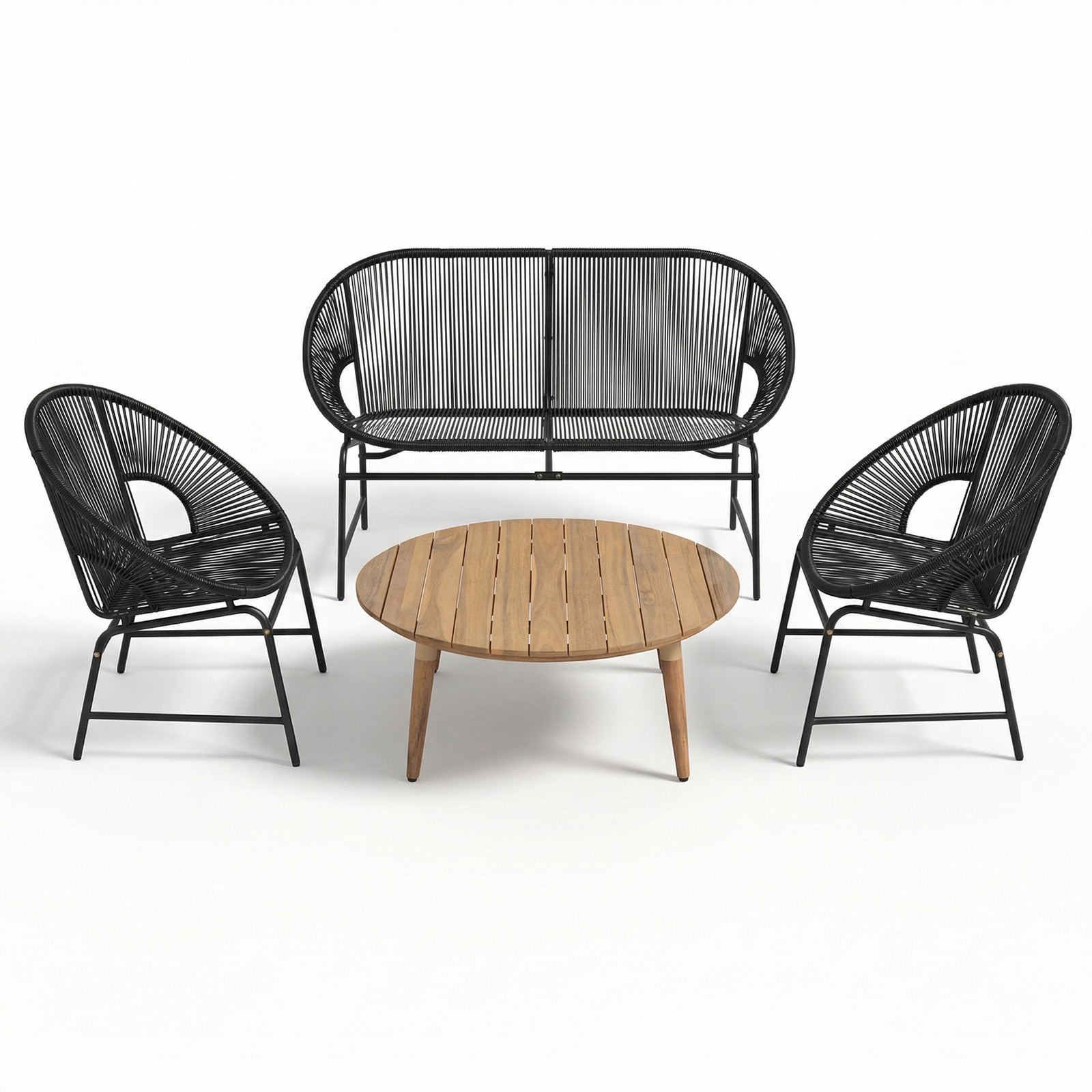 4 Piece Outdoor Patio Conversation Set Black PE Rattan Acacia Wood Table