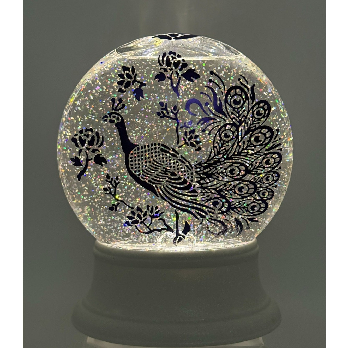 Cracker Barrel Acrylic Peacock Feather Glitter Motion & Lights Globe-No Box