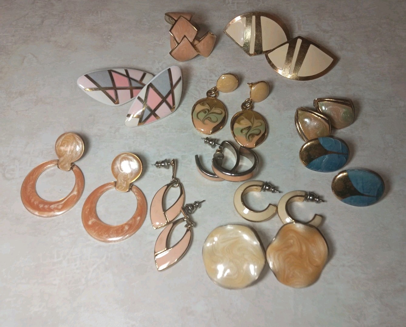 Nude Tones Mcm Enamel & Gold Tone Estate Earrings Lot Of 11 Retro Grandma Chic