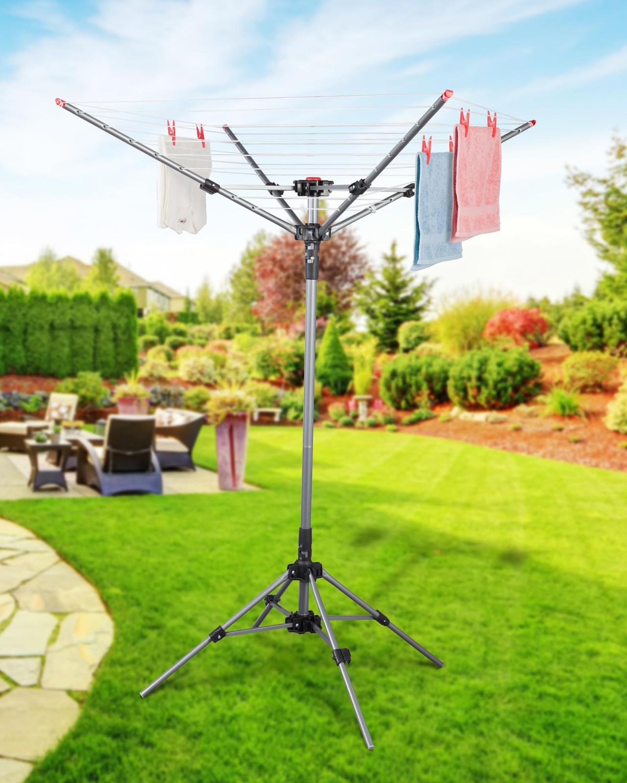 Portable Umbrella Clothes Drying Rack - 8 Lines, 82ft Drying Space, Adjustable H