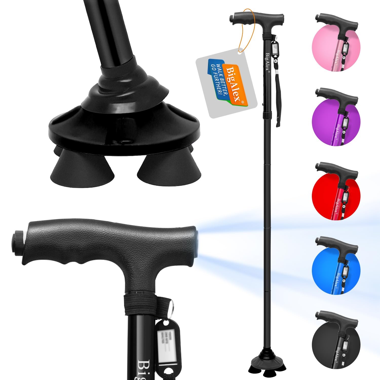 Folding Walking Cane with LED Light,Pivoting Quad Base,Adjustable Walking Sti...