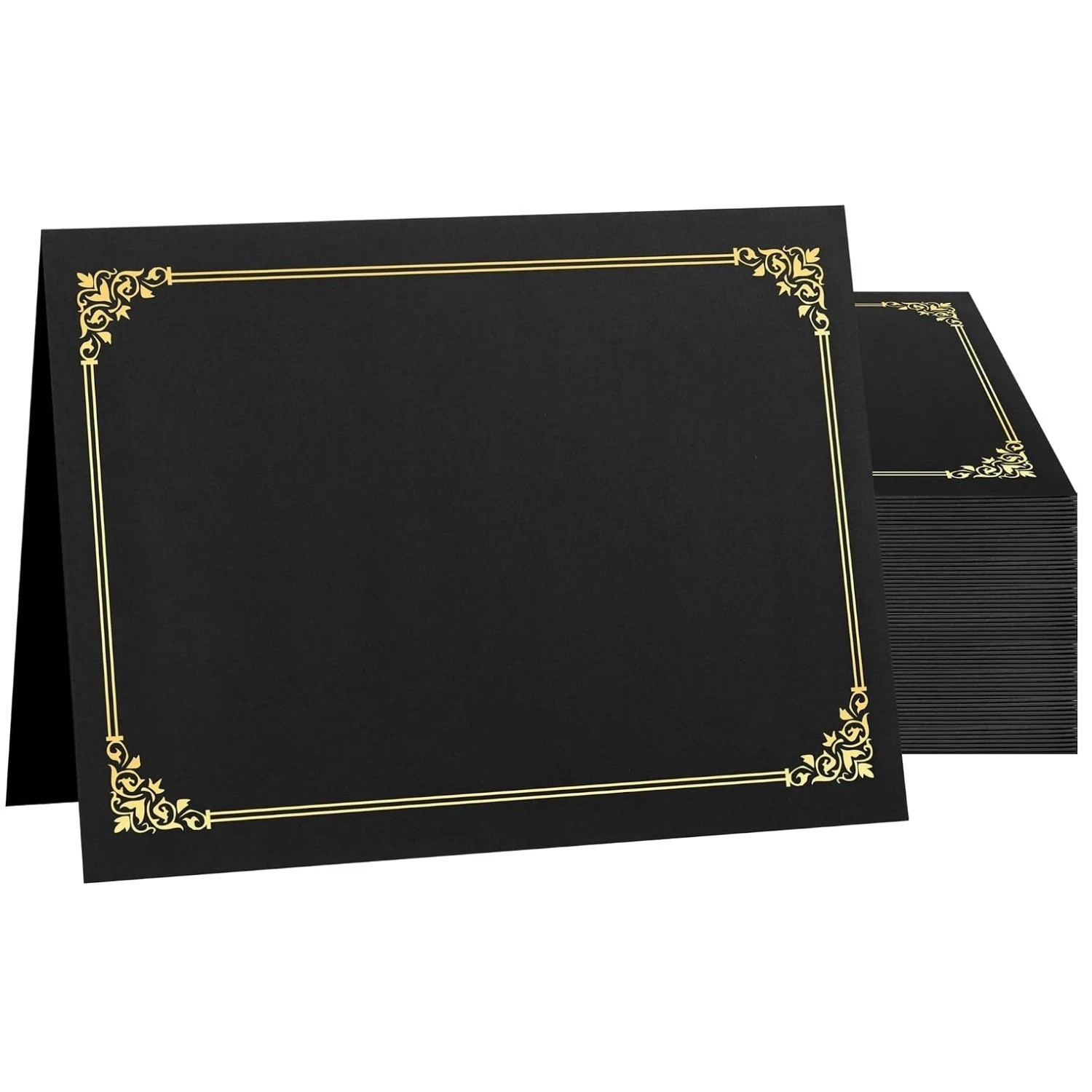 Black Certificate Holders, 50 Pack - Gold Foil Border