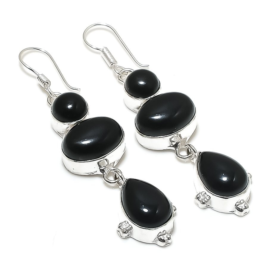Black Onyx Gemstone 925 Sterling Silver Jewelry Earrings Size 2.5"