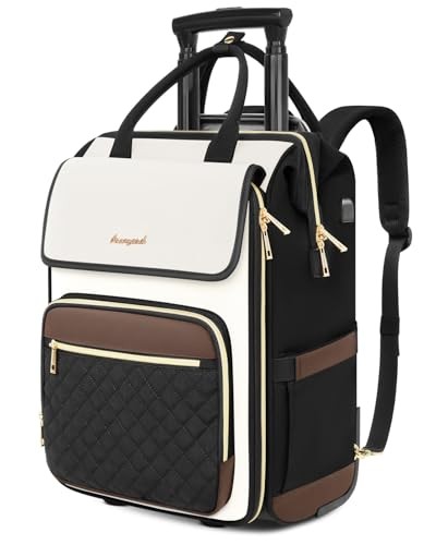 Rolling Backpack for Women, Travel Rolling Laptop Backpack with Beige Brown