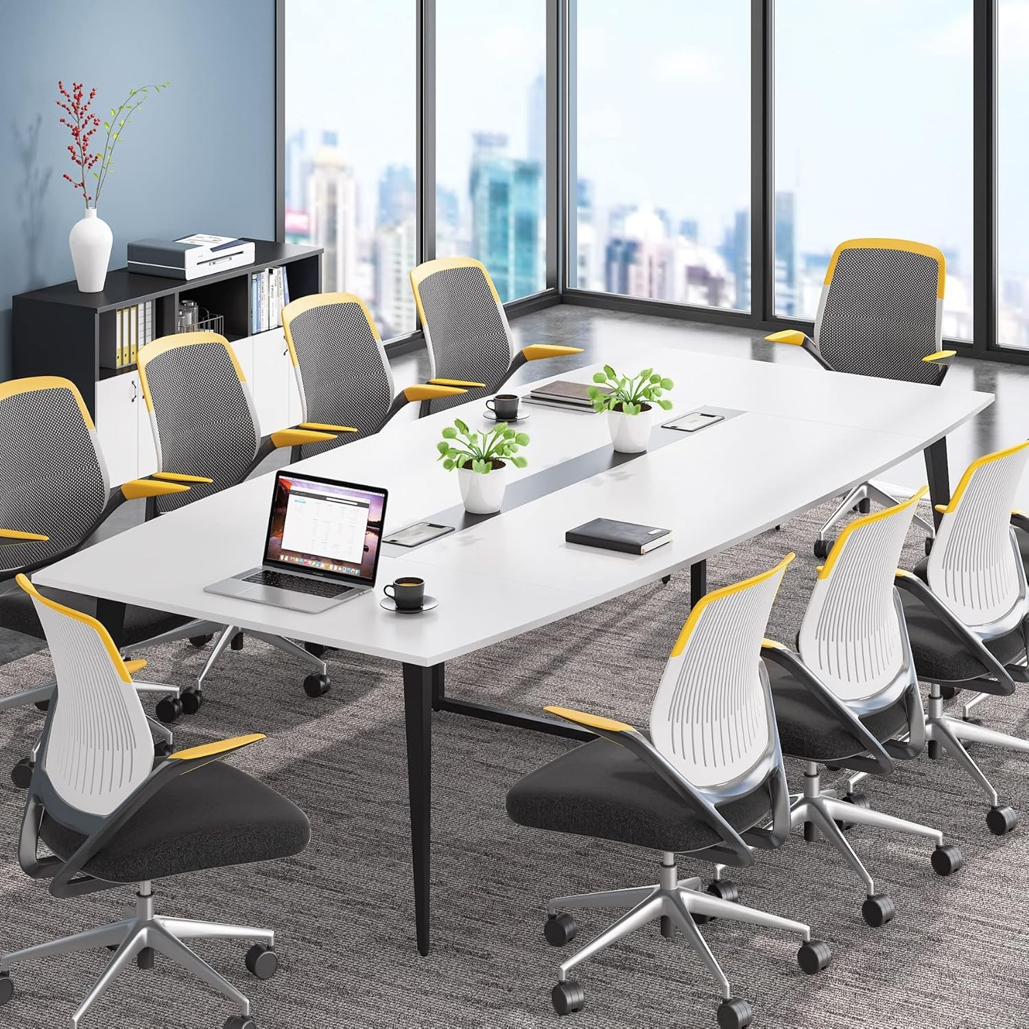 8FT Conference Table for 10, Boat Shaped Meeting Table with Rectangle Grommet