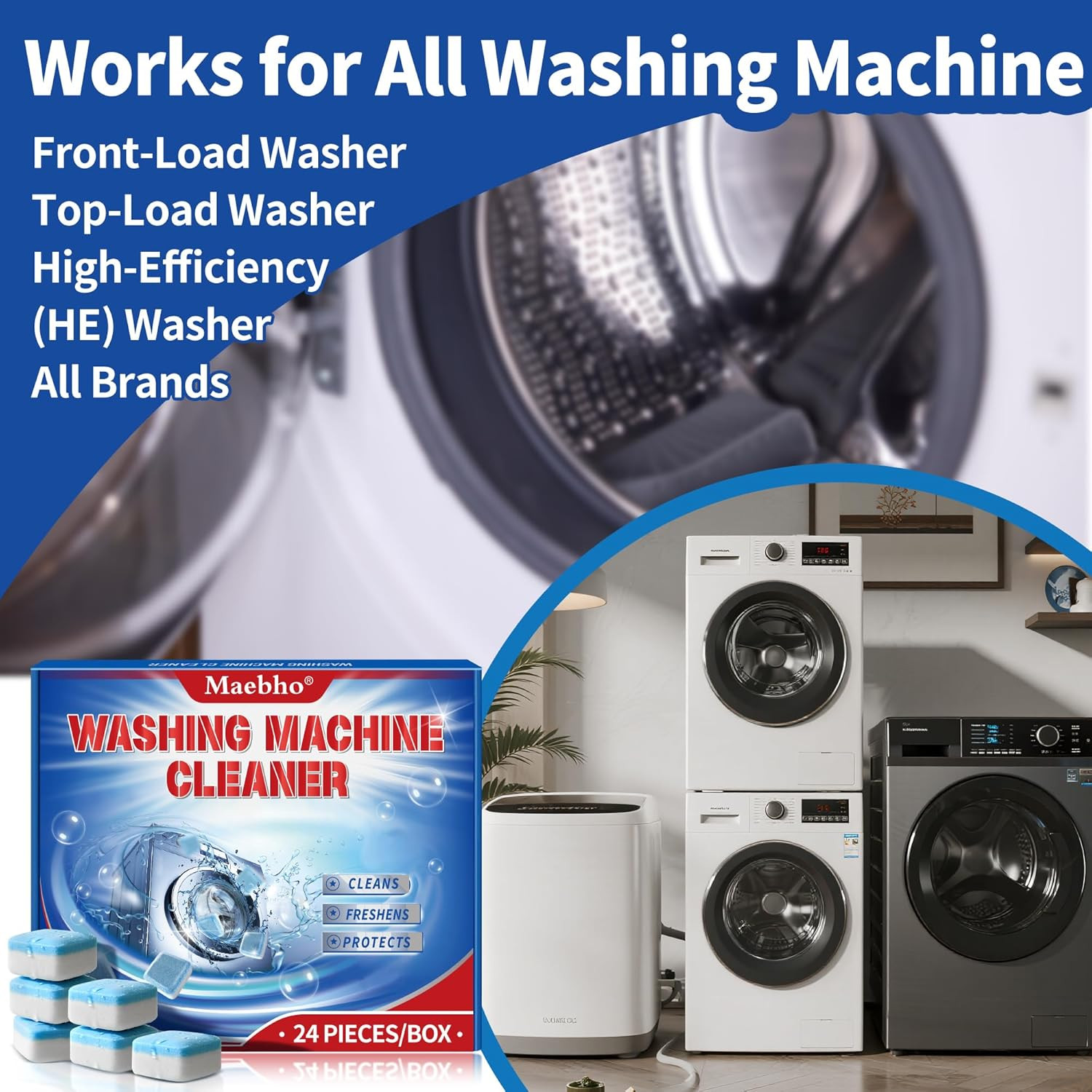 Washing Machine Cleaner Tablets 24 Pack - Deep Cleaning & Descaler for HE Front