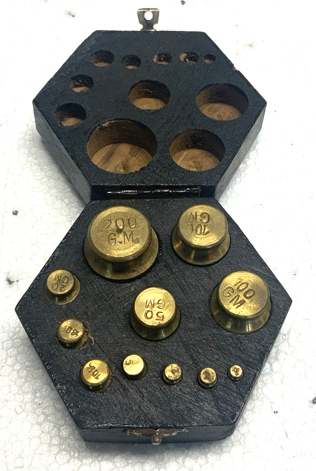 Antique Brass Weights Set 11 Pieces 200g to 1g Hexagonal Box