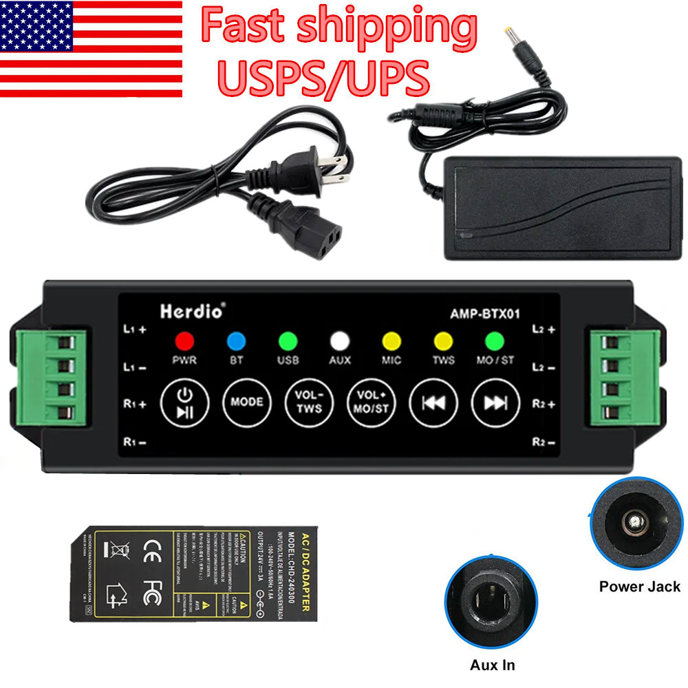 Herdio 4-Way Bluetooth Amp Receiver USB AUX+24V 3A Power Adapter