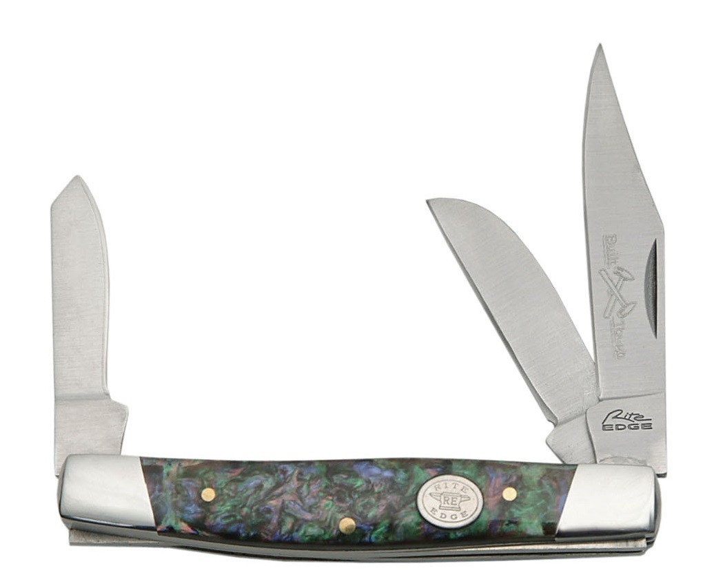 Large 4" Stockman 3 Blade Folding Pocket Knife - Imitation Abalone Handles - NEW