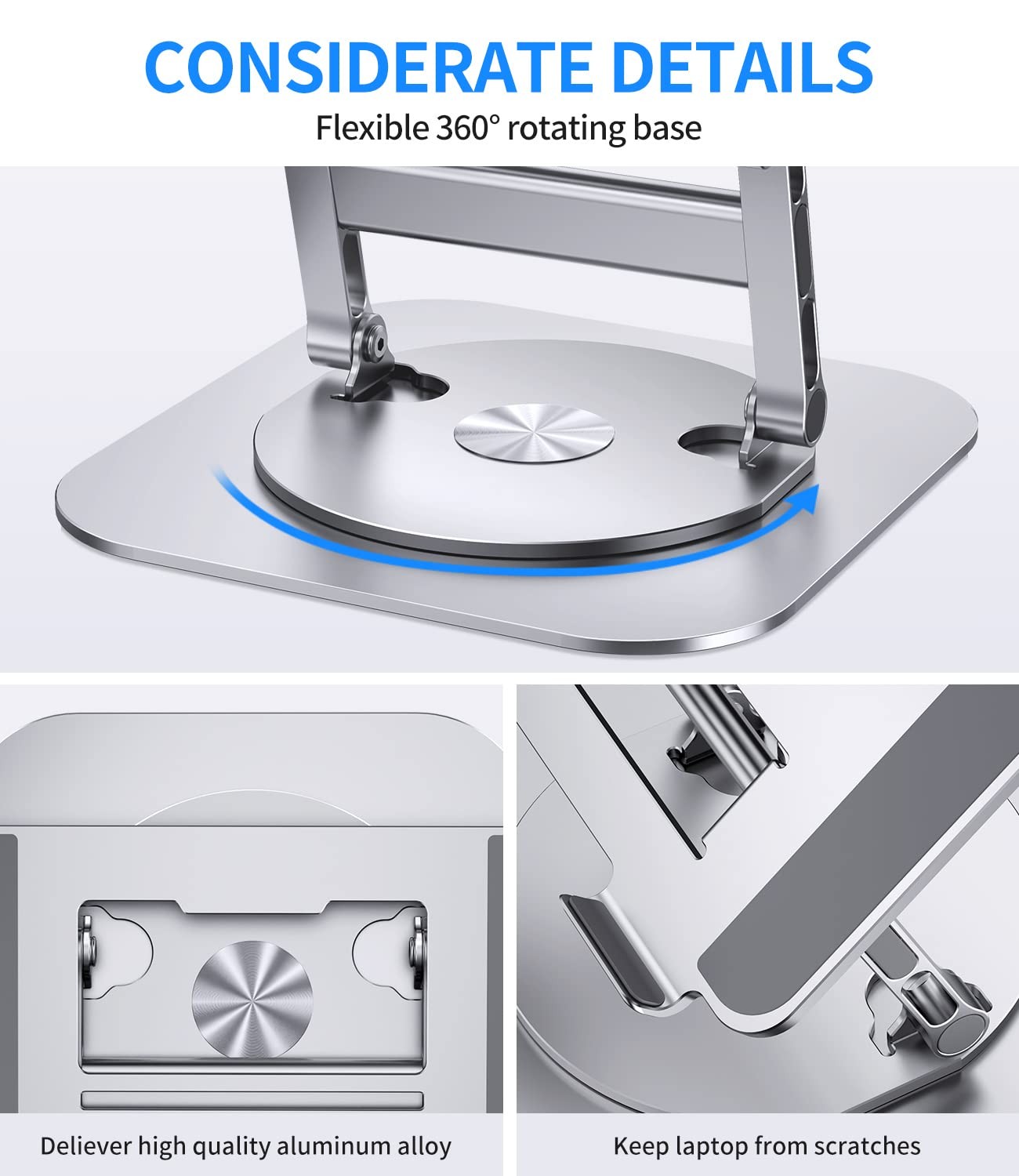 Adjustable Laptop Stand 360 Rotating Base Foldable Computer Riser Silver
