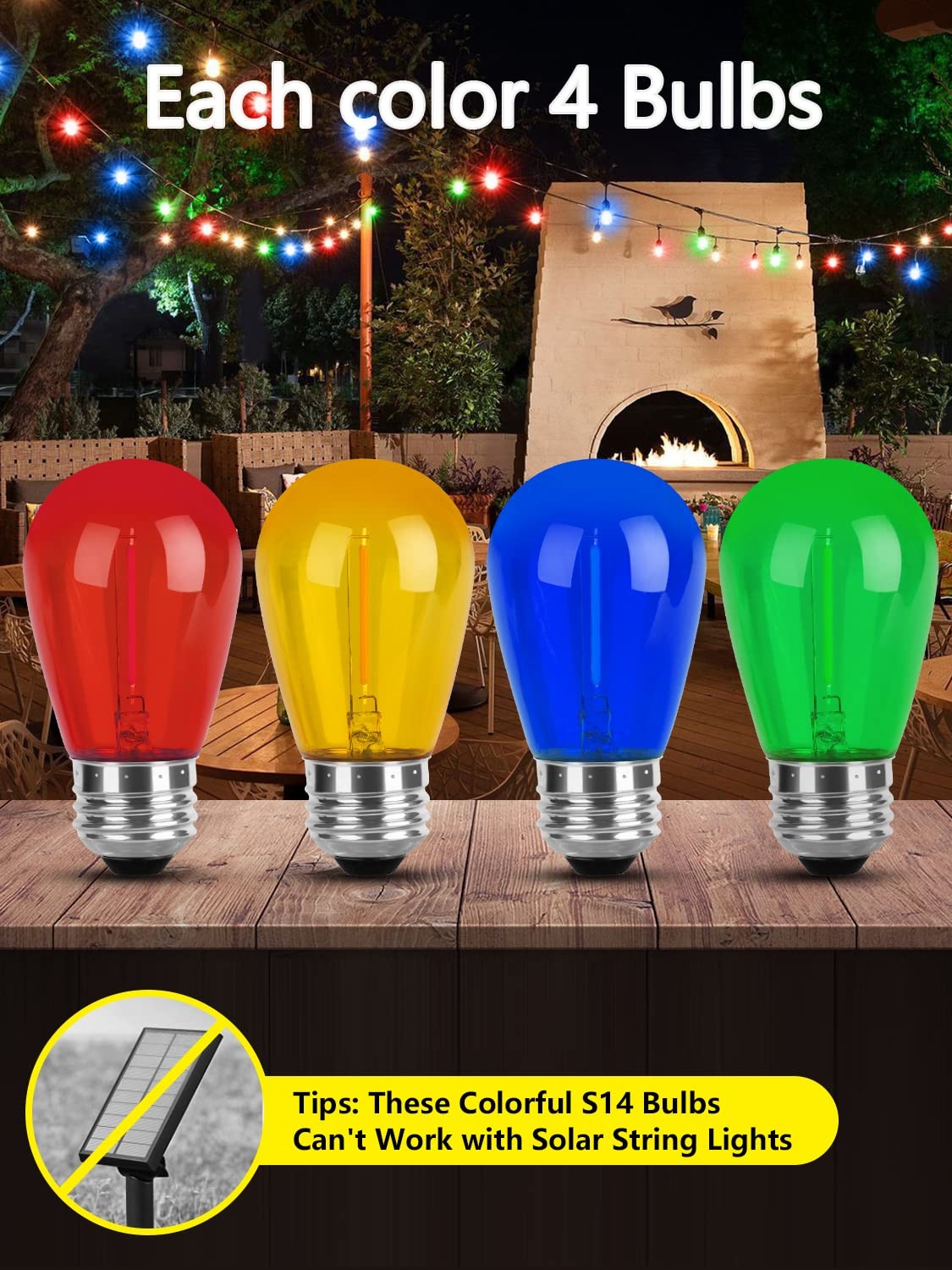 Colored Led String Light Bulbs Replacement, S14 Multi-Color with E26 Screw Base