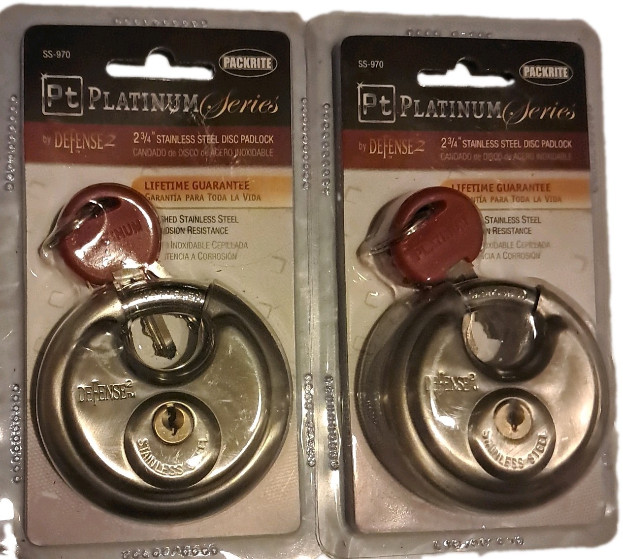 Packrite Platinum Series Defense 2  Stainless Steel 2 -3/4 Disc Padlock NEW 2pk