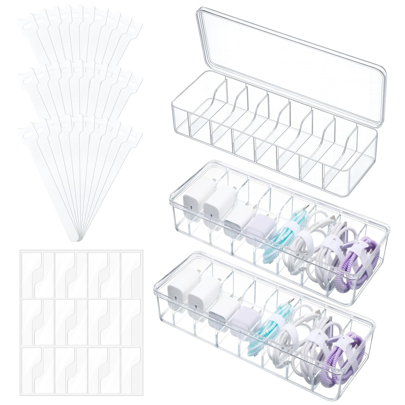 3 Pcs Cord Organizer Box with Lid, 10.8 x 3.7 x 2.4 Inch Clear Plastic Cable ...