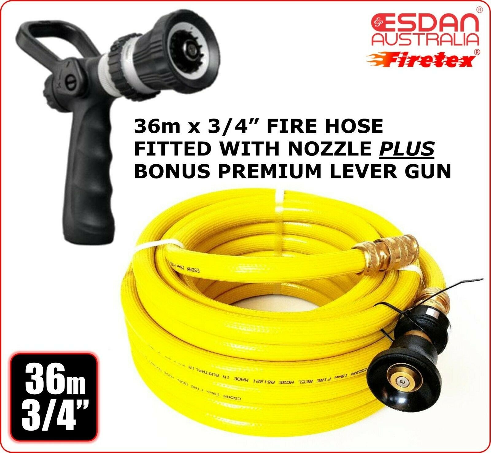 FIRE FIGHTING YELLOW HOSE 20mm 3/4" 36m COIL FITTED BRASS NOZZLE BONUS LEVER GUN