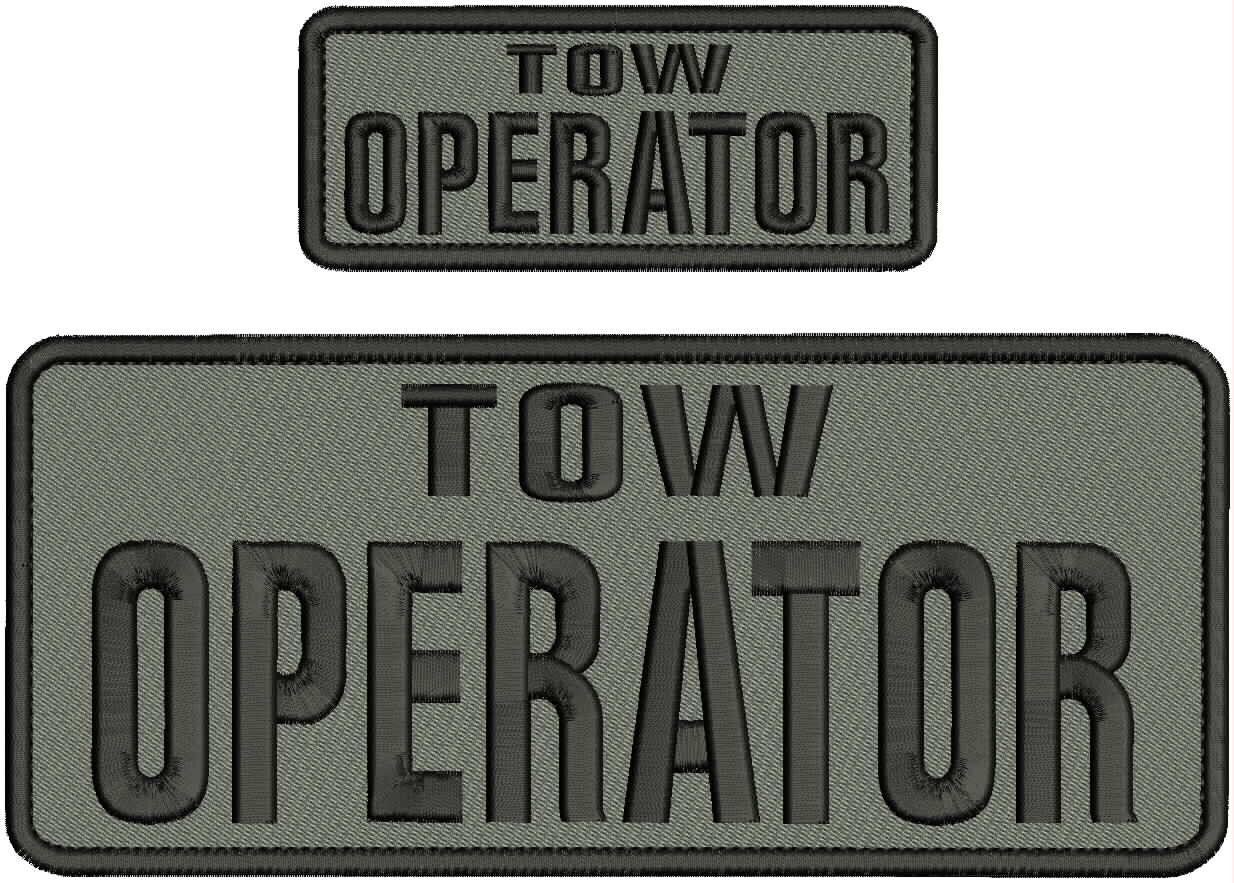 TOW OPERATOR EMBROIDERY PATCH 4X8X & 2X5 HOOK ON BACK BLACK ON GRAY