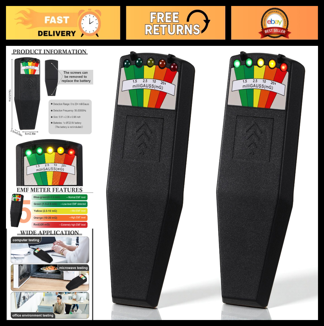 2 Pack EMF Meter Detector for Ghost Hunting, 5 LED Magnetic Field Tester, Home &