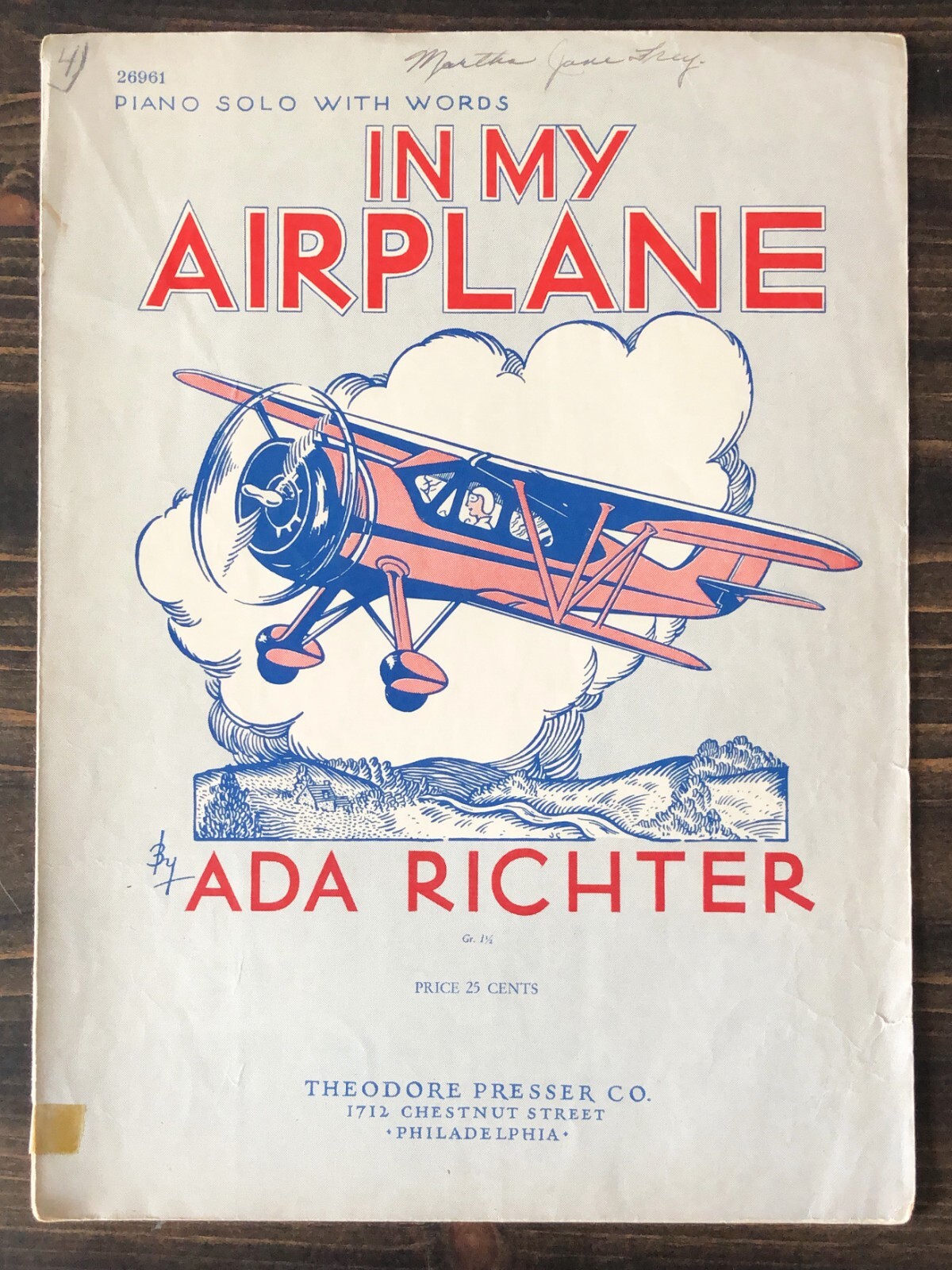 In My Airplane by Ada Richter Vintage Sheet Music by Theo. Presser Co. No. 26961