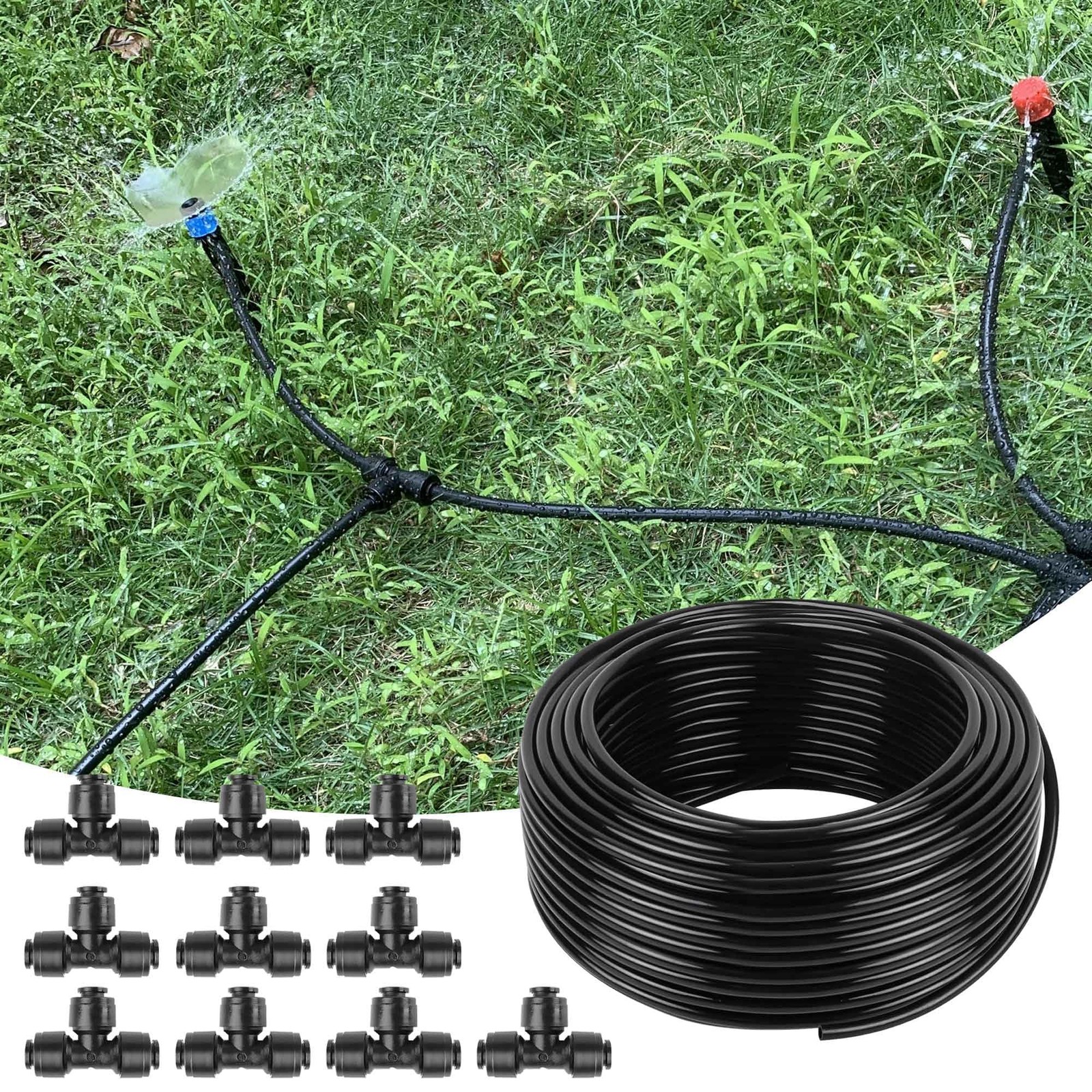 100FT 1/4 Inch Drip Irrigation Tubing with 1/4"Tubing w/3 Way Connector