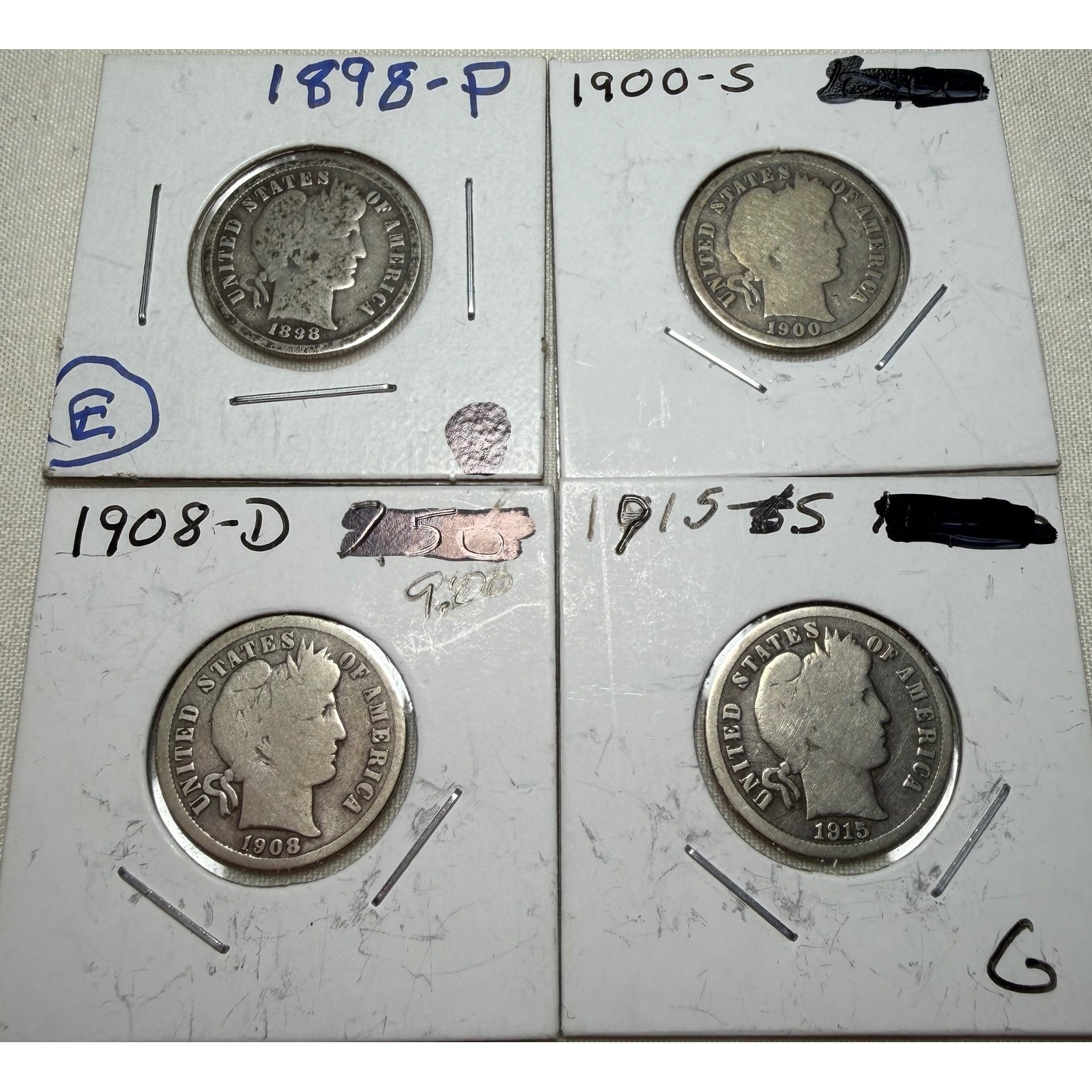 Lot of 4 US Barber Silver Dimes 1898-P 1900-S 1908-D 1915-S 90% Silver Coins